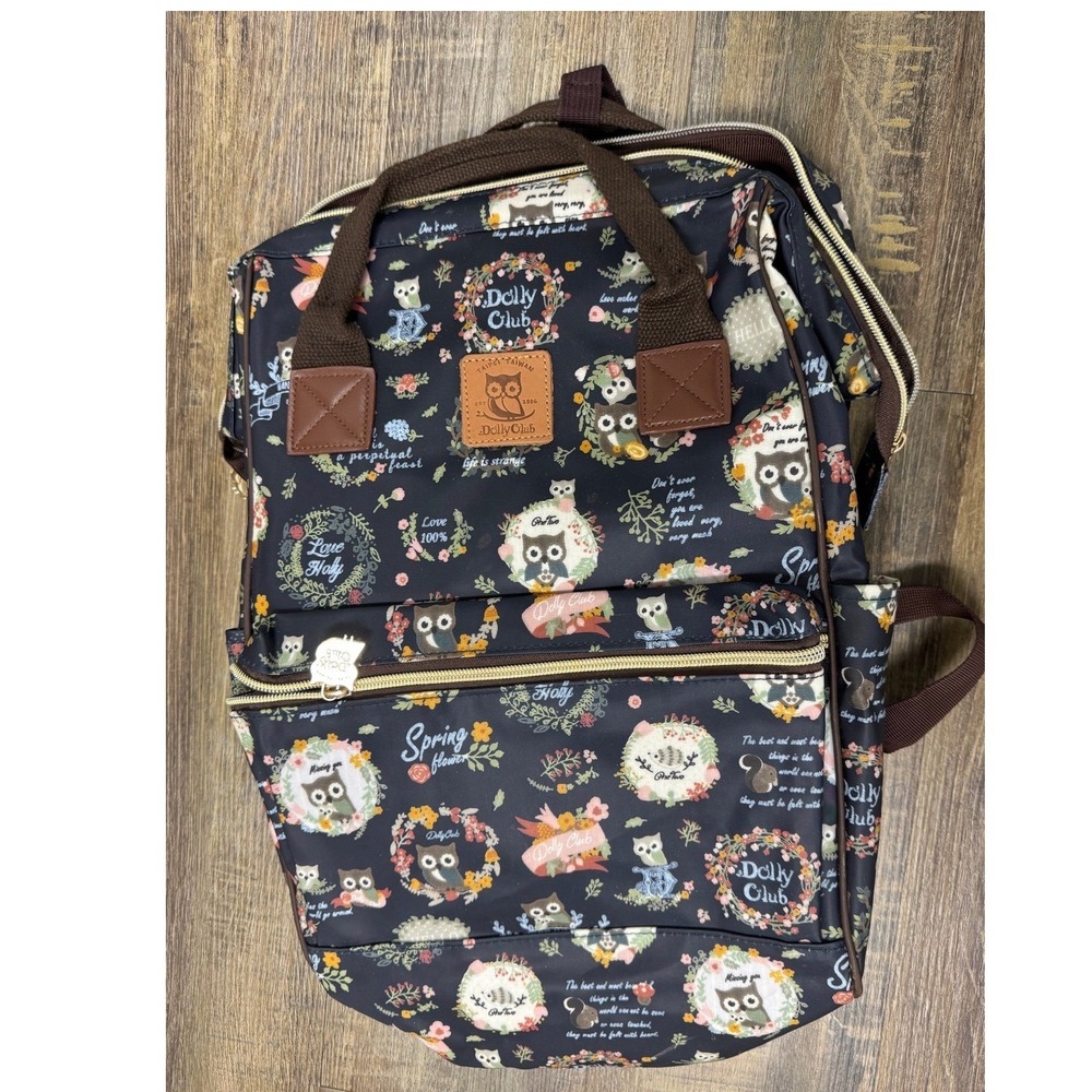 Dolly Club Taipei Taiwan Owl Floral Print Wide Frame Backpack Navy Blue Kawaii